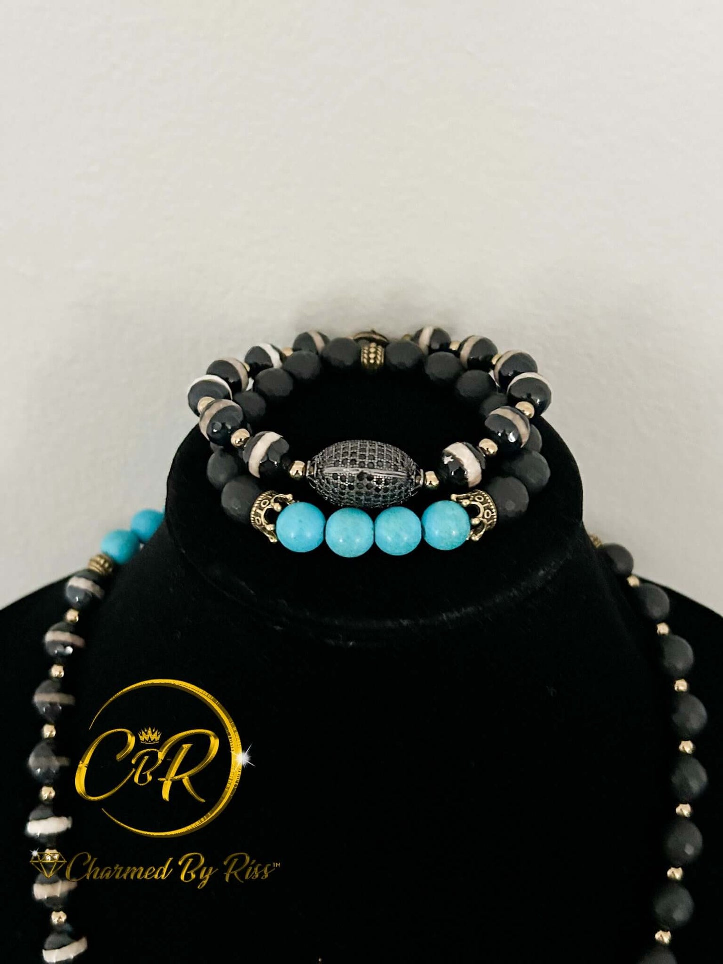 10 mm Tibetan Agate & Turquoise Accented with Hematite Gemstones, Gemstone Stretch Bracelet