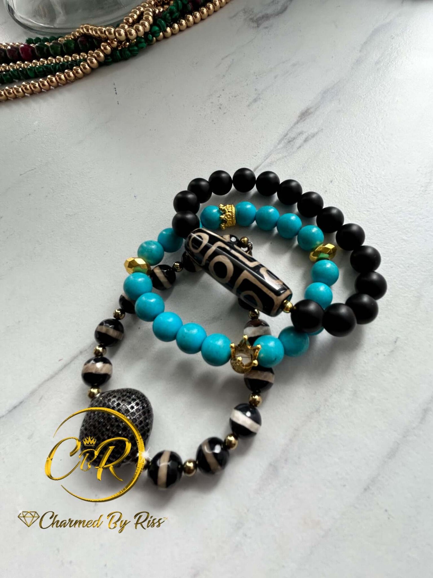 10 mm Tibetan Agate & Turquoise Accented with Hematite Gemstones, Gemstone Stretch Bracelet