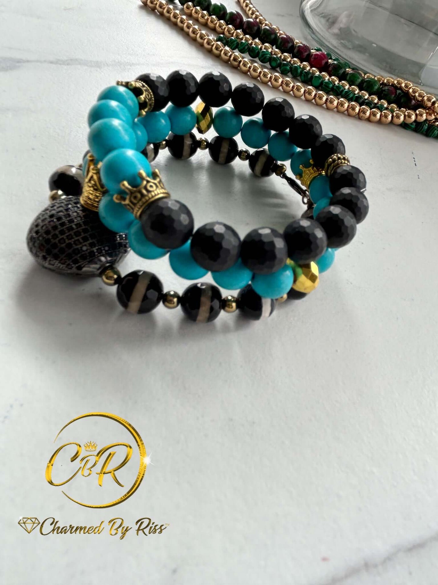 10 mm Tibetan Agate & Turquoise Accented with Hematite Gemstones, Gemstone Stretch Bracelet