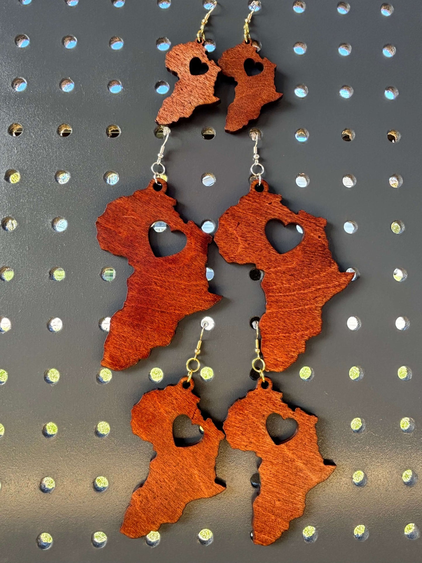 Africa Shaped Earrings Lightweight Laser Cut Wood, Hypoallergenic Hooks