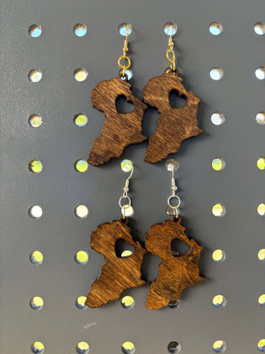 Africa Shaped Earrings Lightweight Laser Cut Wood, Hypoallergenic Hooks