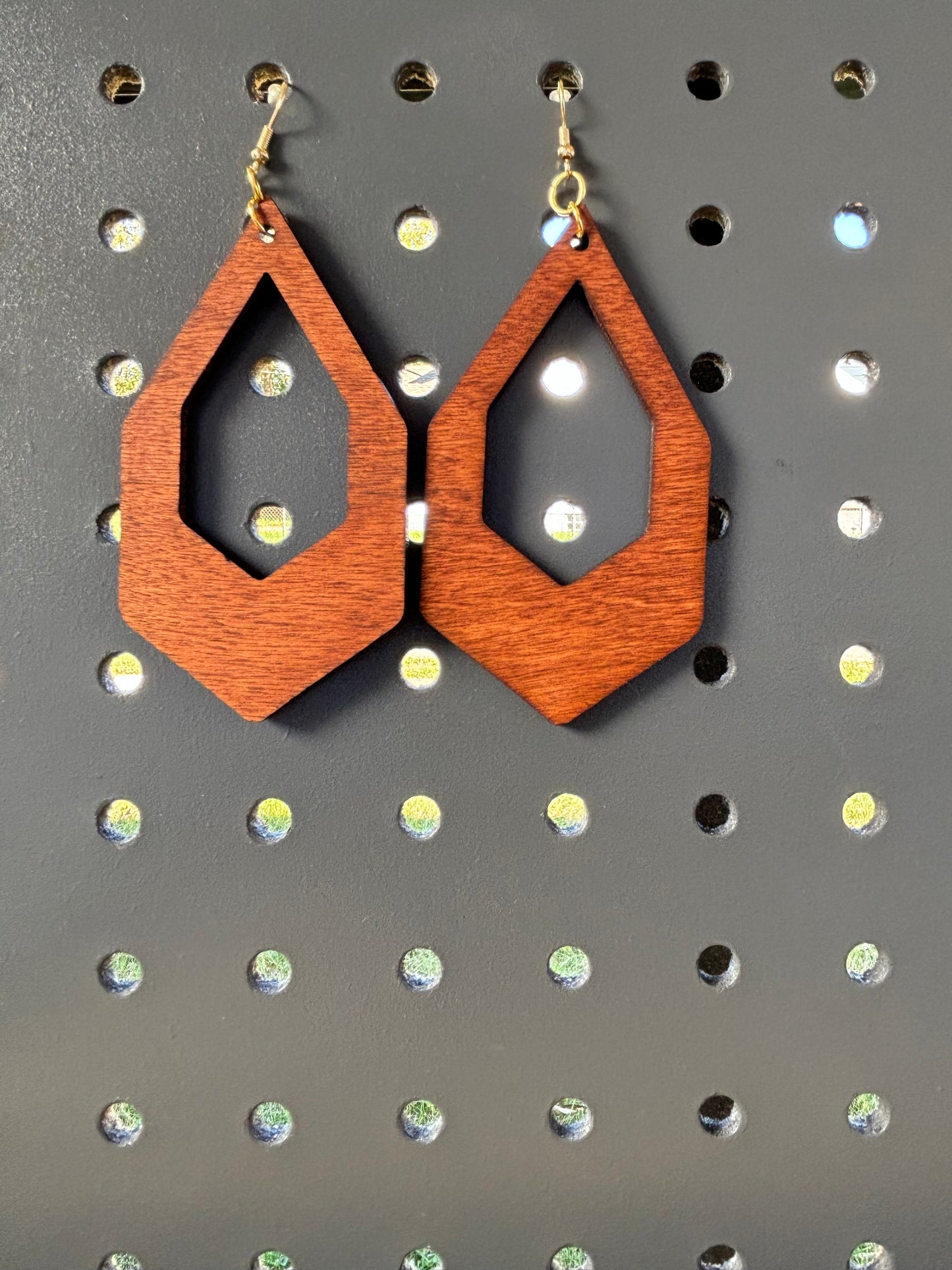 Large Pointed Hex Earrings Lightweight Wood Stained Hypoallergenic Earrings