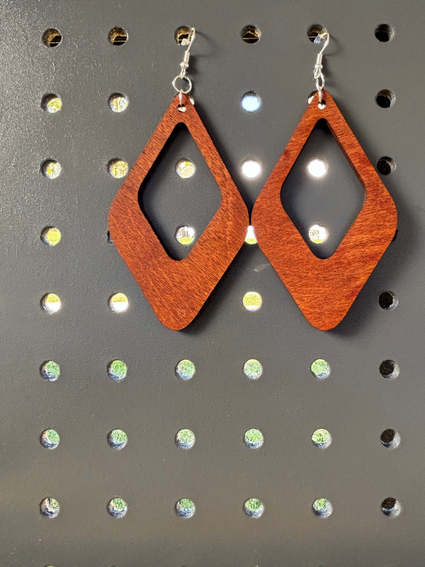 Double Double Diamond Earrings Lightweight Wood Stained Hypoallergenic Earrings