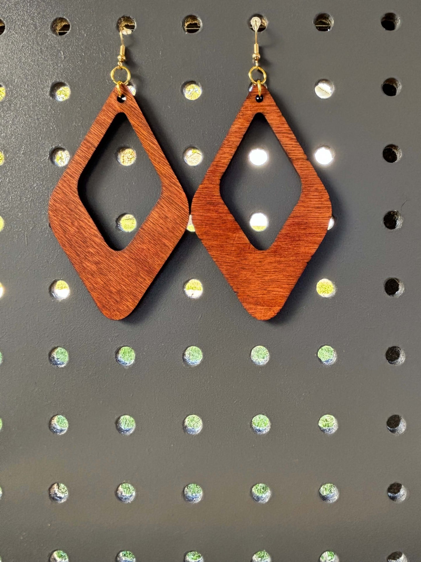 Double Double Diamond Earrings Lightweight Wood Stained Hypoallergenic Earrings