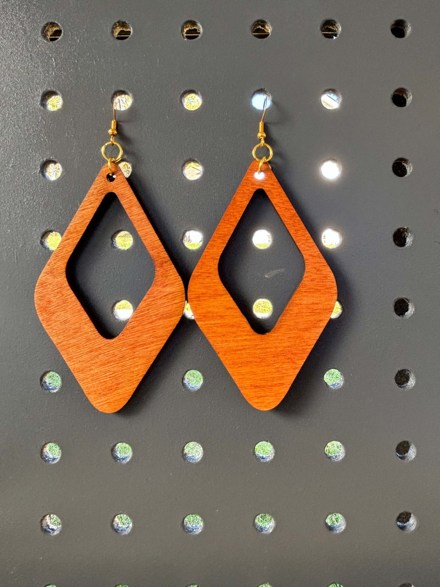 Double Double Diamond Earrings Lightweight Wood Stained Hypoallergenic Earrings