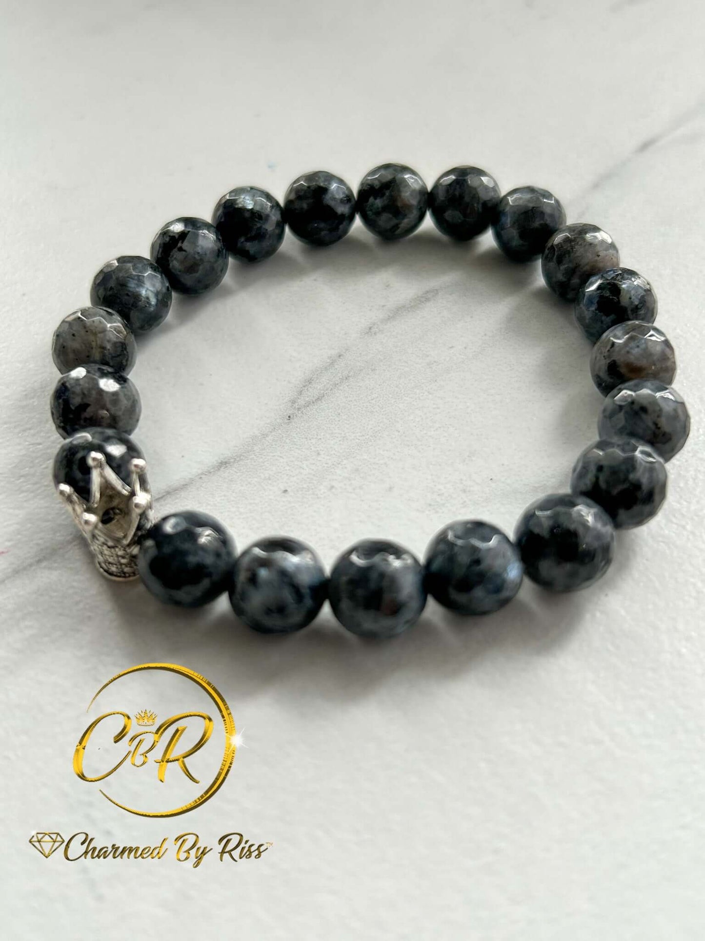 Calm, Gentle & Steady Presence, 10mm Gray Banded Gemstone Stretch Bracelet, Unisex, Men or Women