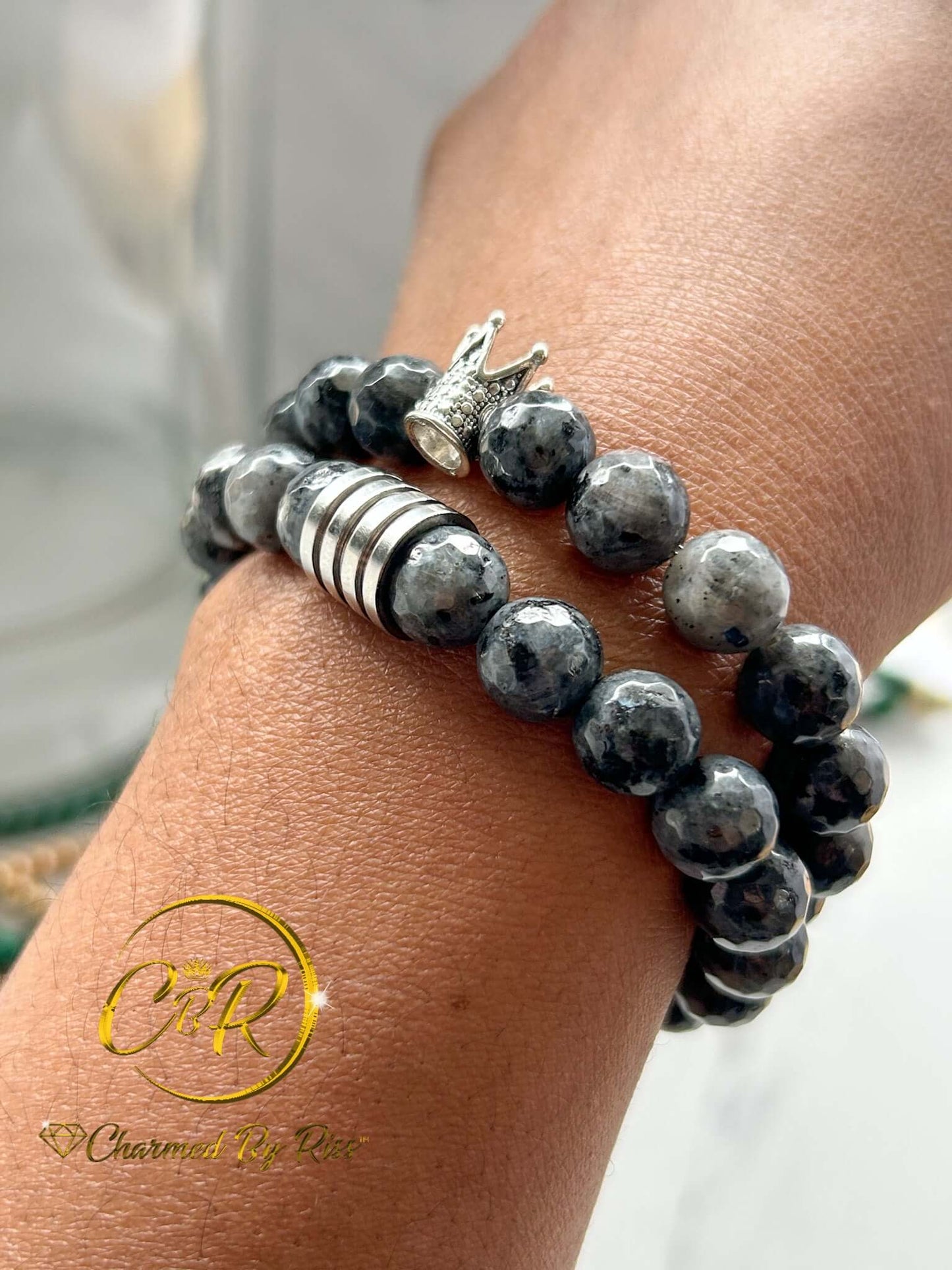 Calm, Gentle & Steady Presence, 10mm Gray Banded Gemstone Stretch Bracelet, Unisex, Men or Women