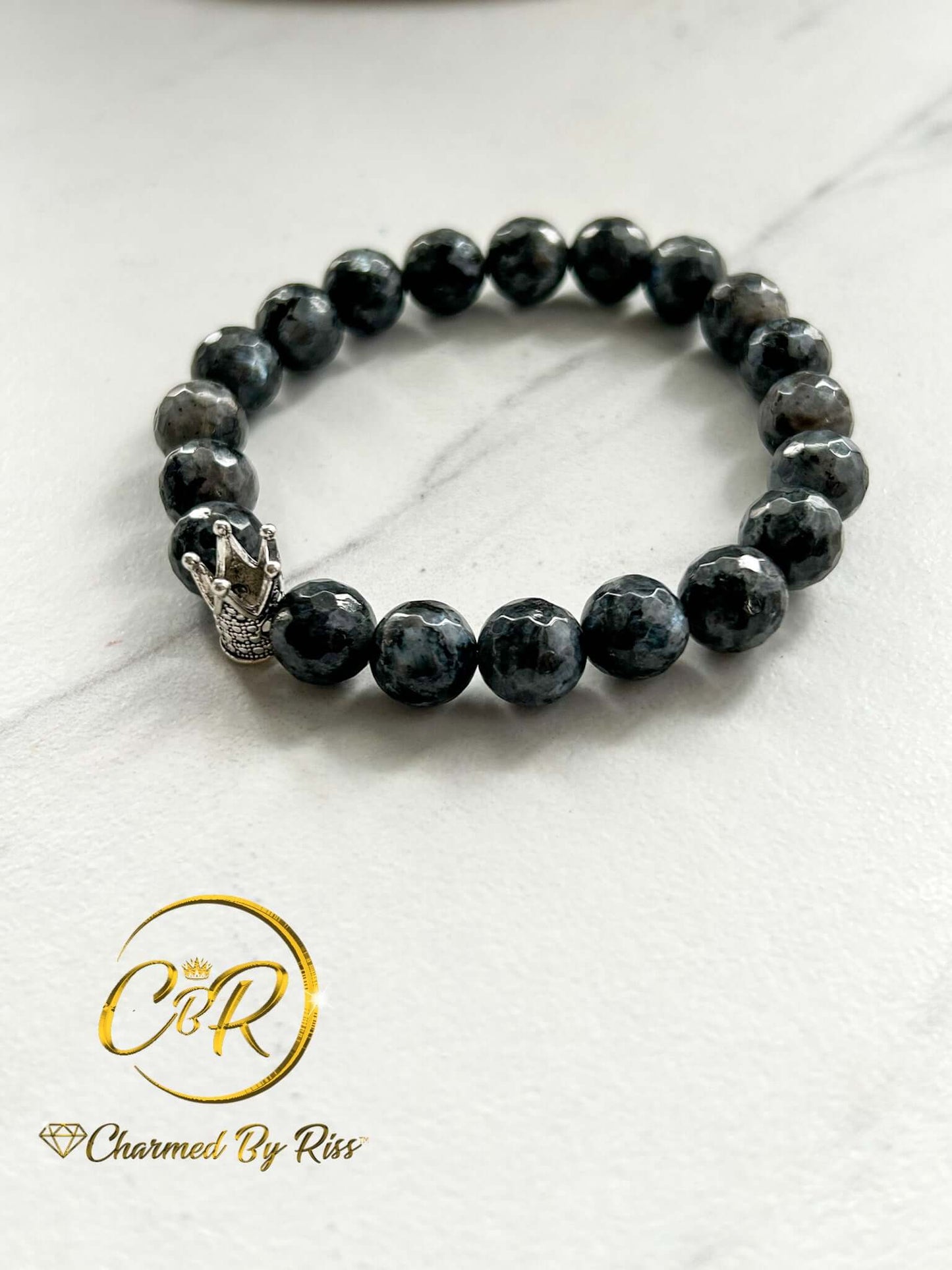 Calm, Gentle & Steady Presence, 10mm Gray Banded Gemstone Stretch Bracelet, Unisex, Men or Women