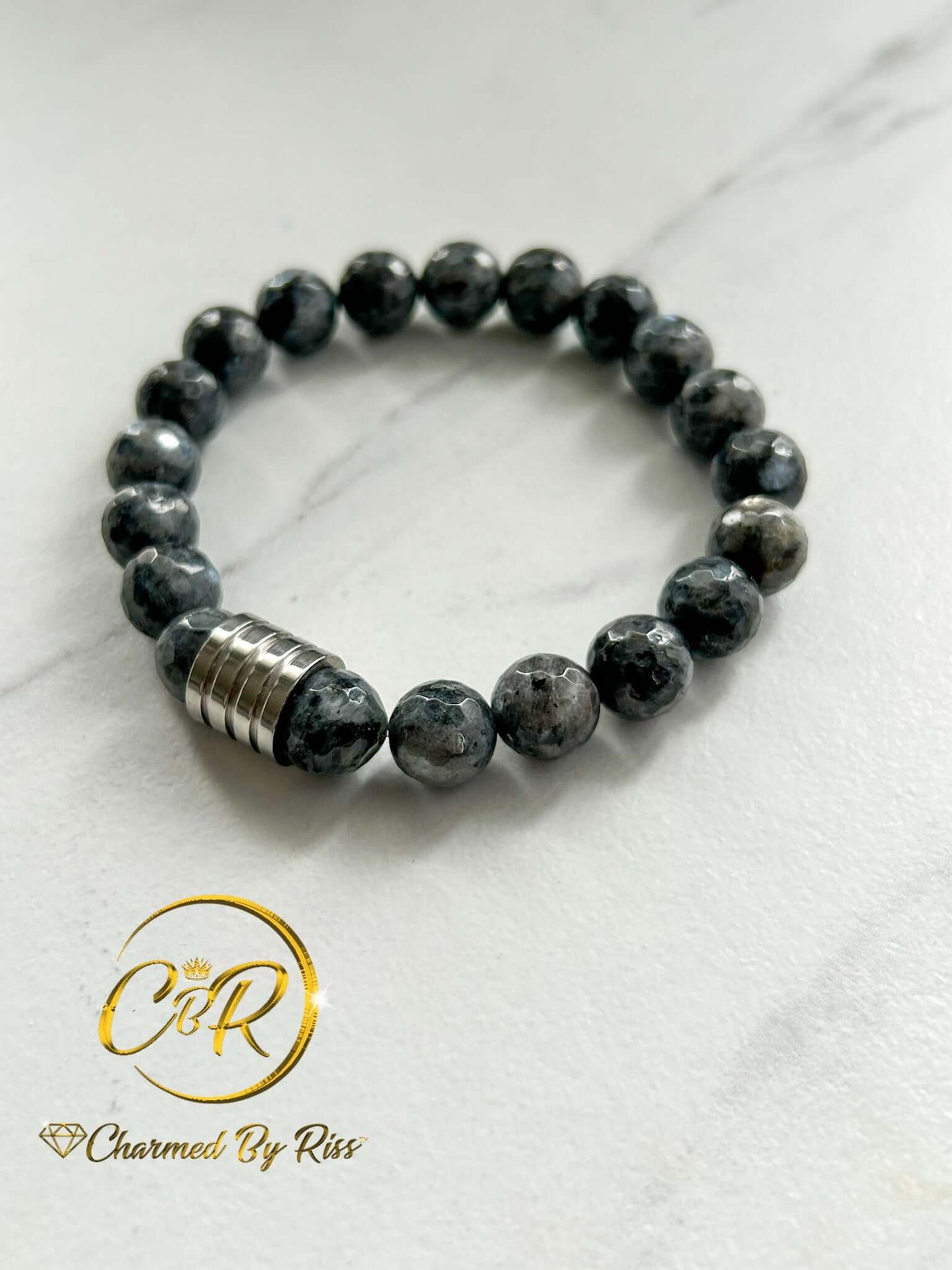 Calm, Gentle & Steady Presence, 10mm Gray Banded Gemstone Stretch Bracelet, Unisex, Men or Women