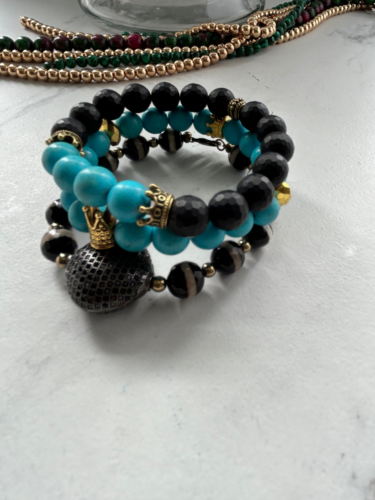 10 mm Tibetan Agate & Turquoise Accented with Hematite Gemstones, Gemstone Stretch Bracelet