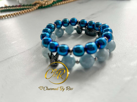 Grounding & Balancing Stone, 10mm Blue Hematite & Blue Agate Gemstone Stretch Bracelet,Women