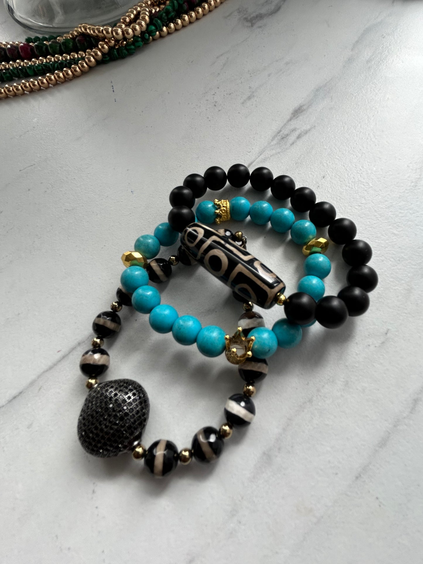 10 mm Tibetan Agate & Turquoise Accented with Hematite Gemstones, Gemstone Stretch Bracelet