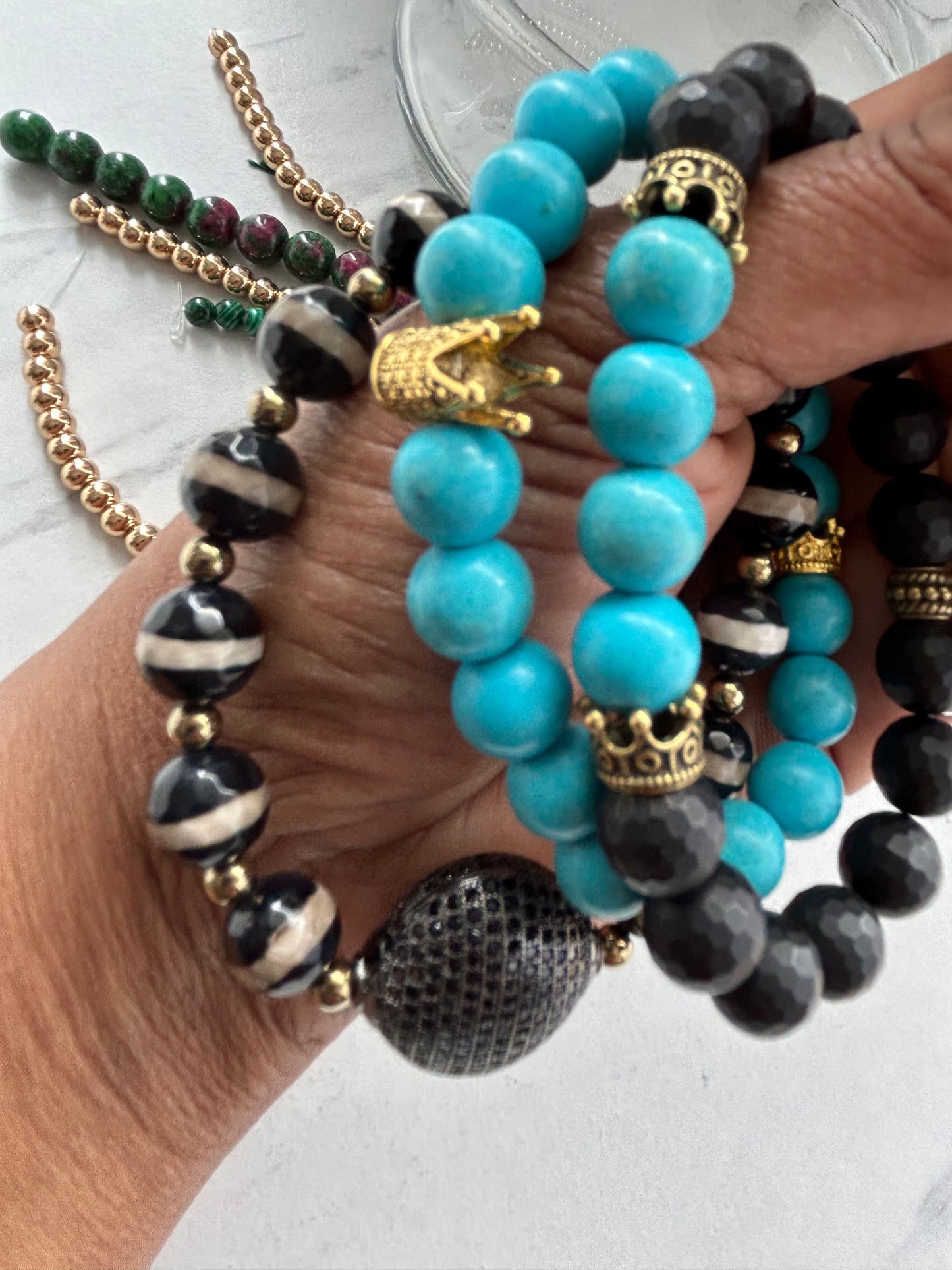 10 mm Tibetan Agate & Turquoise Accented with Hematite Gemstones, Gemstone Stretch Bracelet