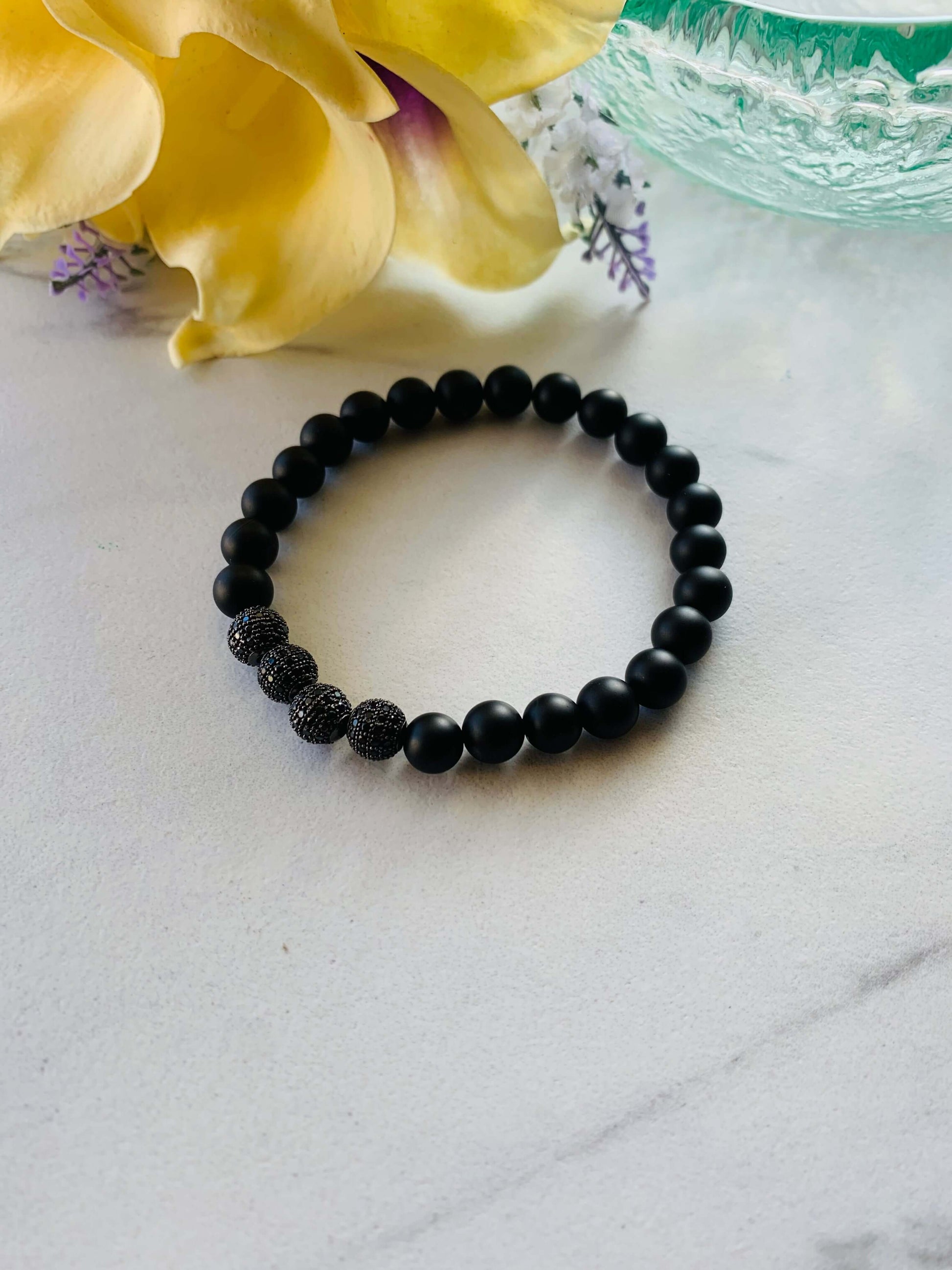 Black Onyx & Heavy Hematite 8 MM beads, Gemstone Stretch Bracelet for Grounding & Protection, Men Size 8 Charmed By Riss Handmade Custom Jewelry & Gift Boutique