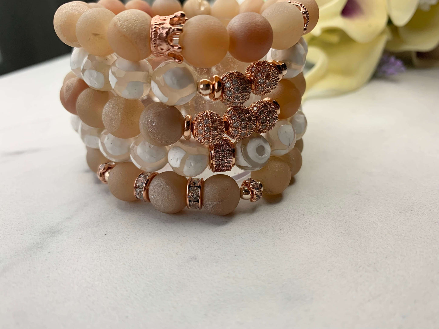 Peach Druzy & White TIbetan Agate 10 mm Gemstone Stretch Bracelet with Healing Properties, 2-Piece Set, Women Size 7 Charmed By Riss