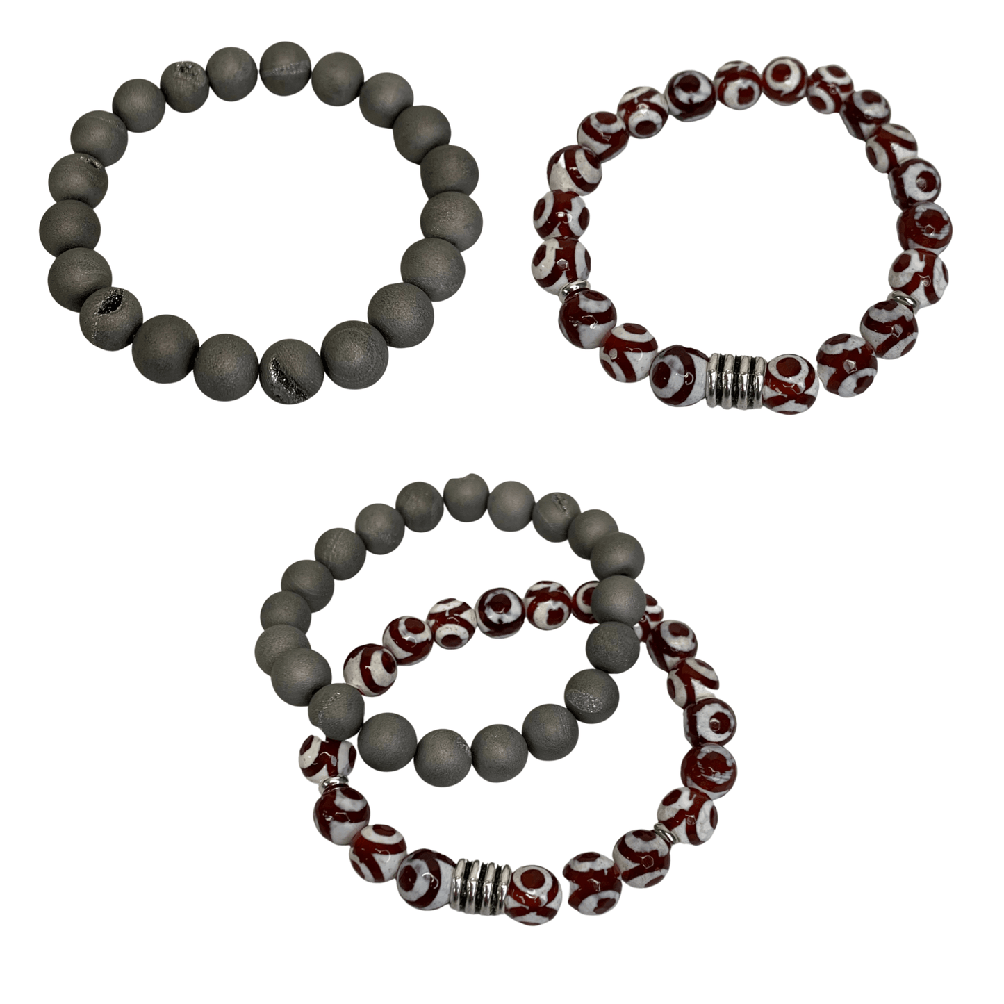 10 mm Silver Druzy & Red Tibetan Agate, Gemstone Stretch Bracelet, 2 Piece Bracelet Stack, Unisex Charmed By Riss Handmade Custom Jewelry & Gift Boutique