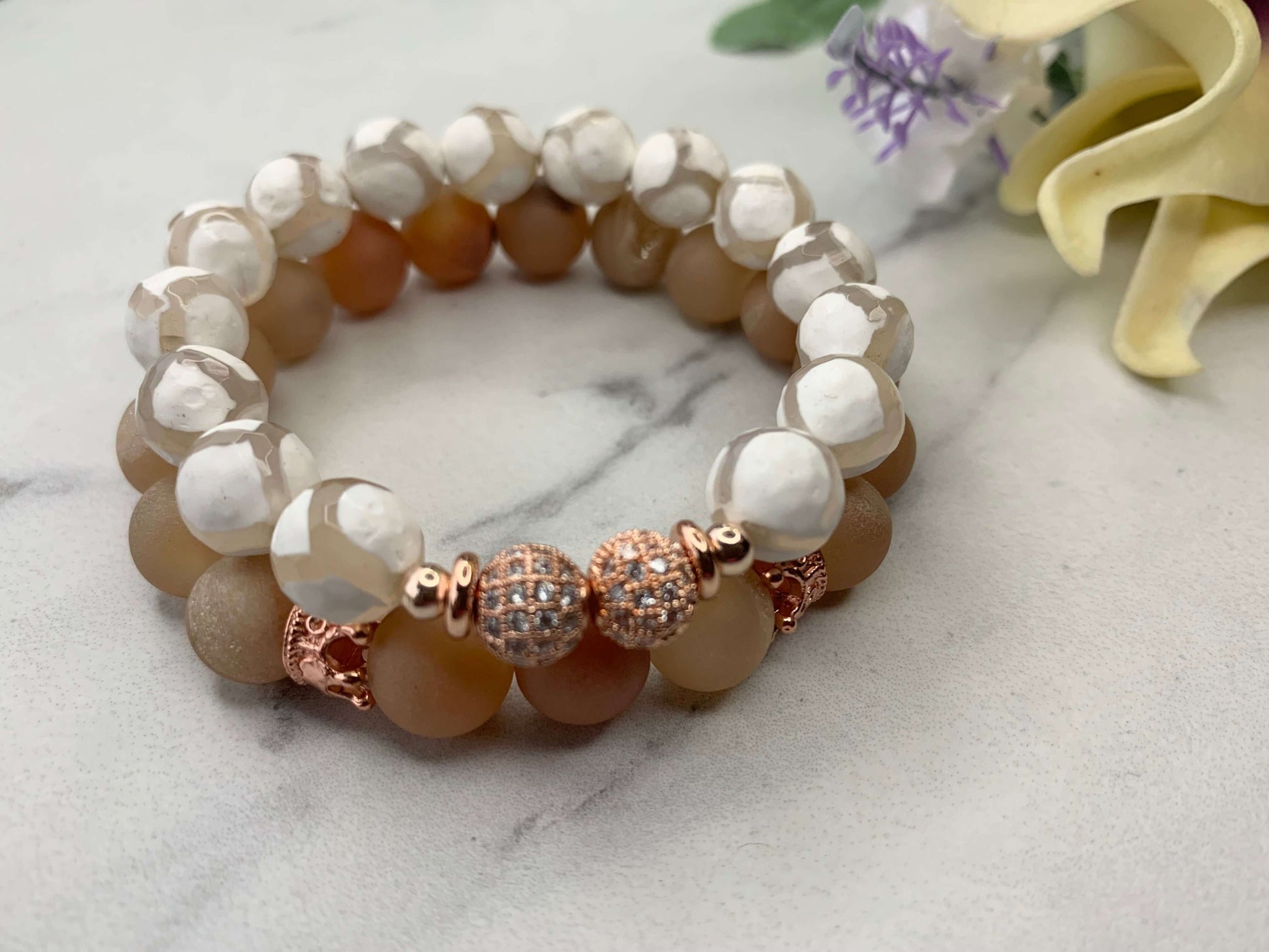 Peach Druzy & White TIbetan Agate 10 mm Gemstone Stretch Bracelet with Healing Properties, 2-Piece Set, Women Size 7 Charmed By Riss