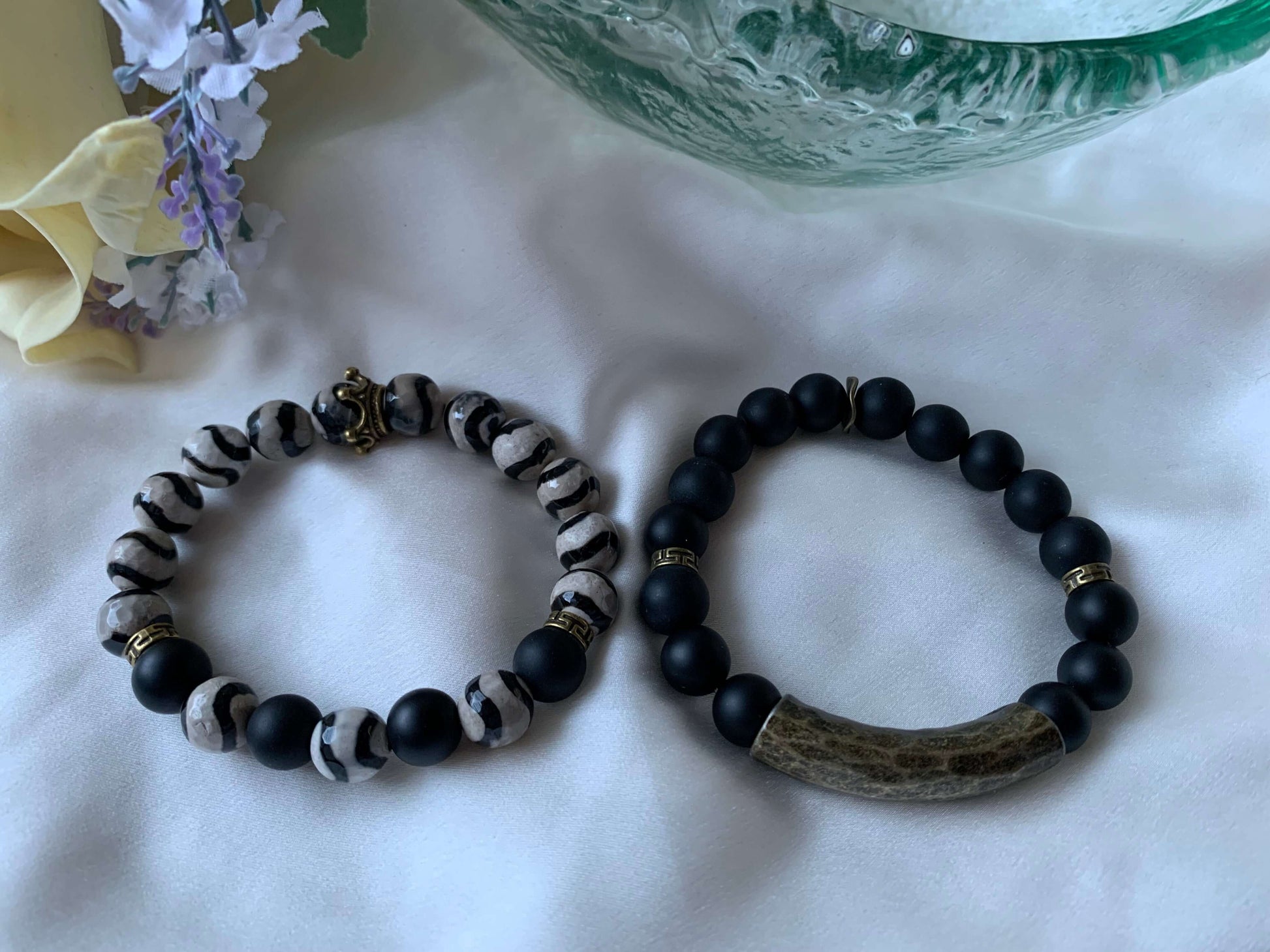 Black Spot Tibetan, Tan Agate, 10 mm Gemstone Stretch Bracelet, 2 Piece Set, Unisex, Size 7 3/4 Charmed By Riss