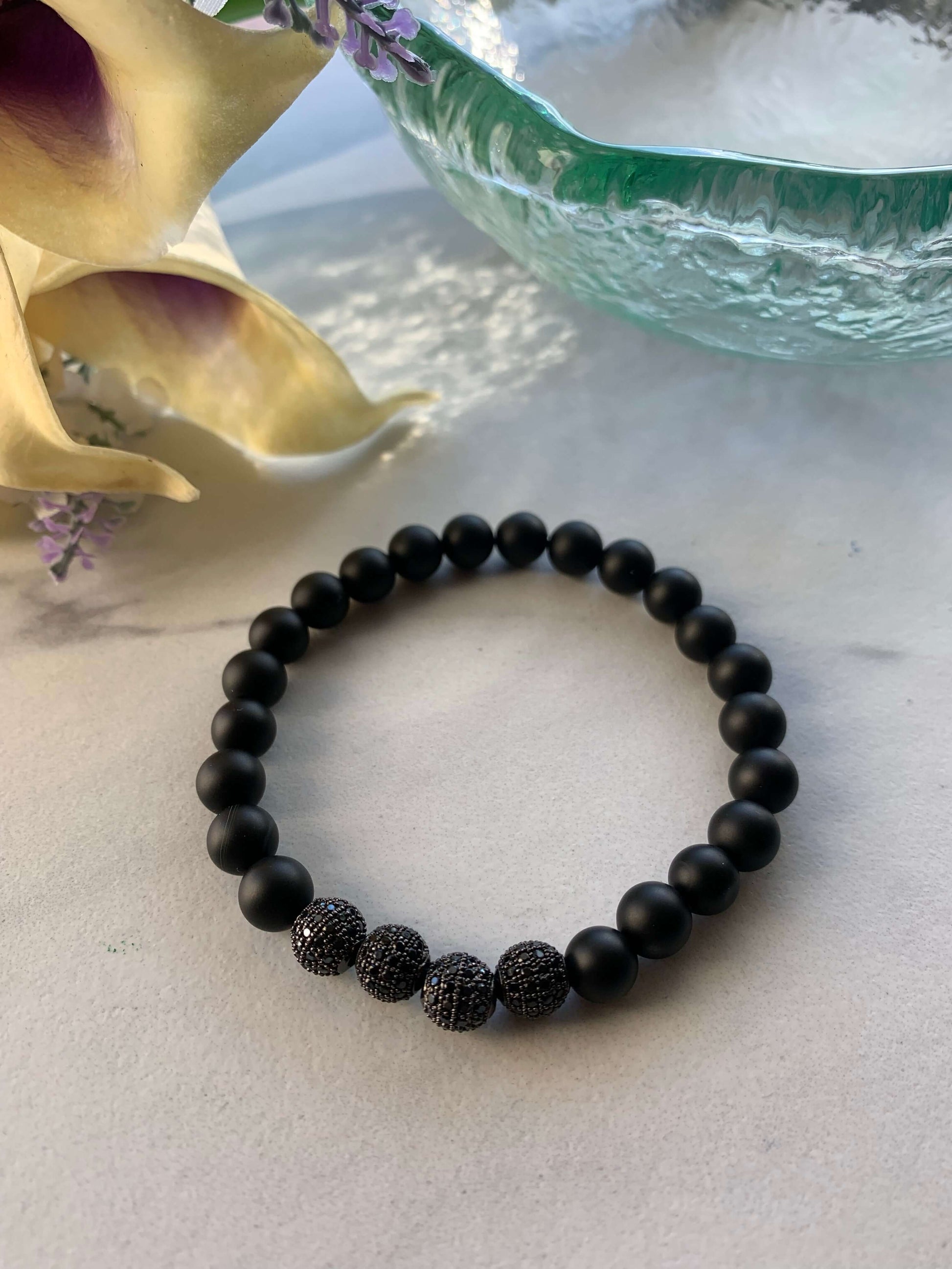 Black Onyx & Heavy Hematite 8 MM beads, Gemstone Stretch Bracelet for Grounding & Protection, Men Size 8 Charmed By Riss Handmade Custom Jewelry & Gift Boutique