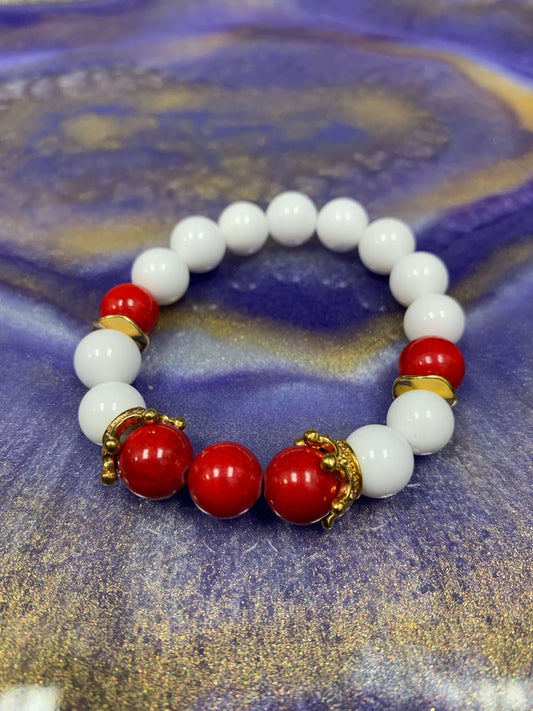 WOMEN SIZE 7 | BEADED BRACELET - WHITE ONYX & RED MASHAN JADE Charmed By Riss Handmade Custom Jewelry & Gift Boutique