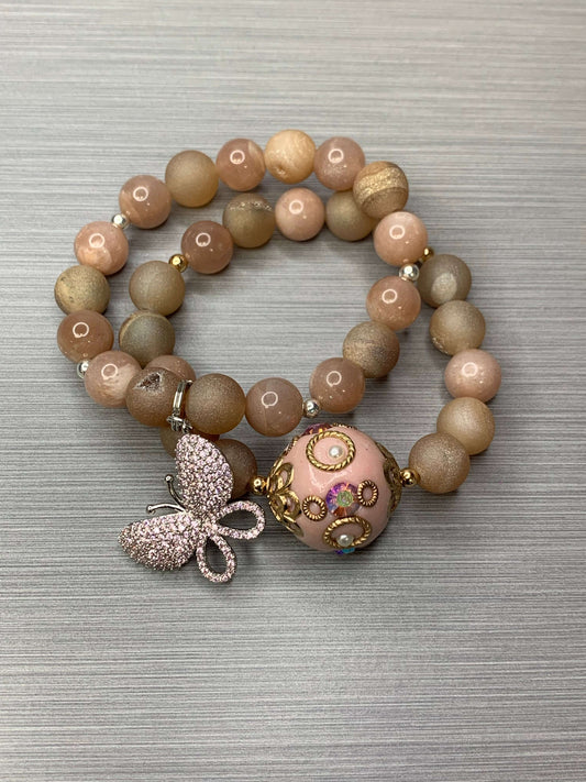 10 MM PEACH QUARTZ & PEACH DRUZY GEMSTONE BEADED STRETCH BRACELET | FOR WOMEN SIZE 7 Charmed By Riss