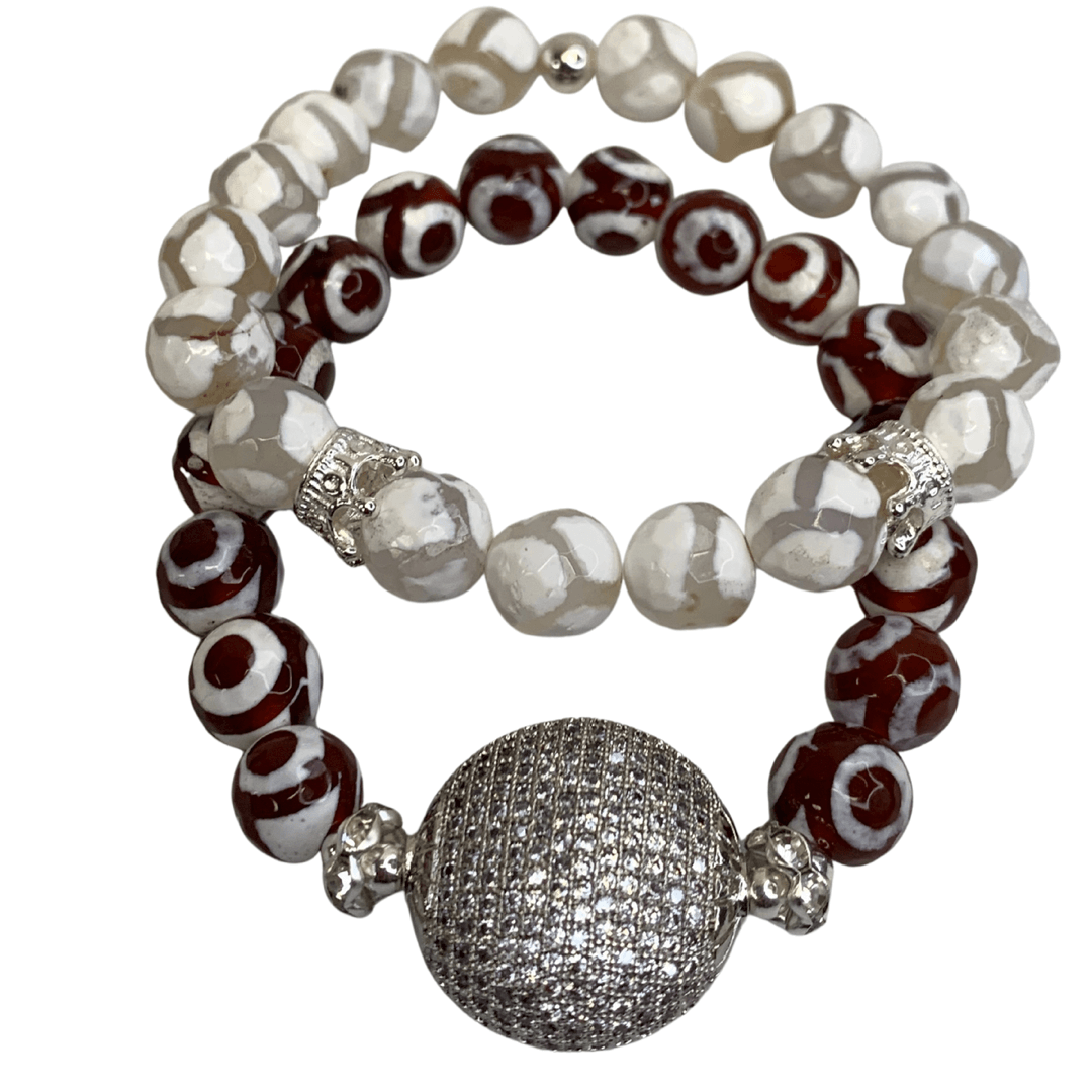 10 MM WHITE & RED TIBETAN AGATE | HANDMADE STRETCH GEMSTONE BRACELET(S) 2 PIECE STACK "RAZZLE DAZZLE" | UNISEX Charmed By Riss