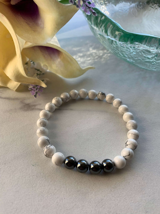 White Howlite 8 mm beads, Gemstone Stretch Bracelet with Healing Properties, Men Charmed By Riss Handmade Custom Jewelry & Gift Boutique