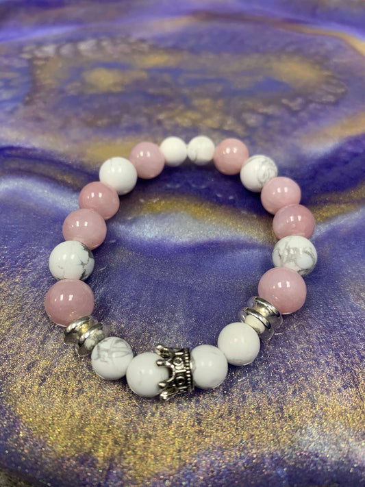 WOMEN SIZE 6 1/2 & SIZE 7 | BEADED BRACELET - WHITE HOWLITE & PINK AGATE Charmed By Riss Handmade Custom Jewelry & Gift Boutique