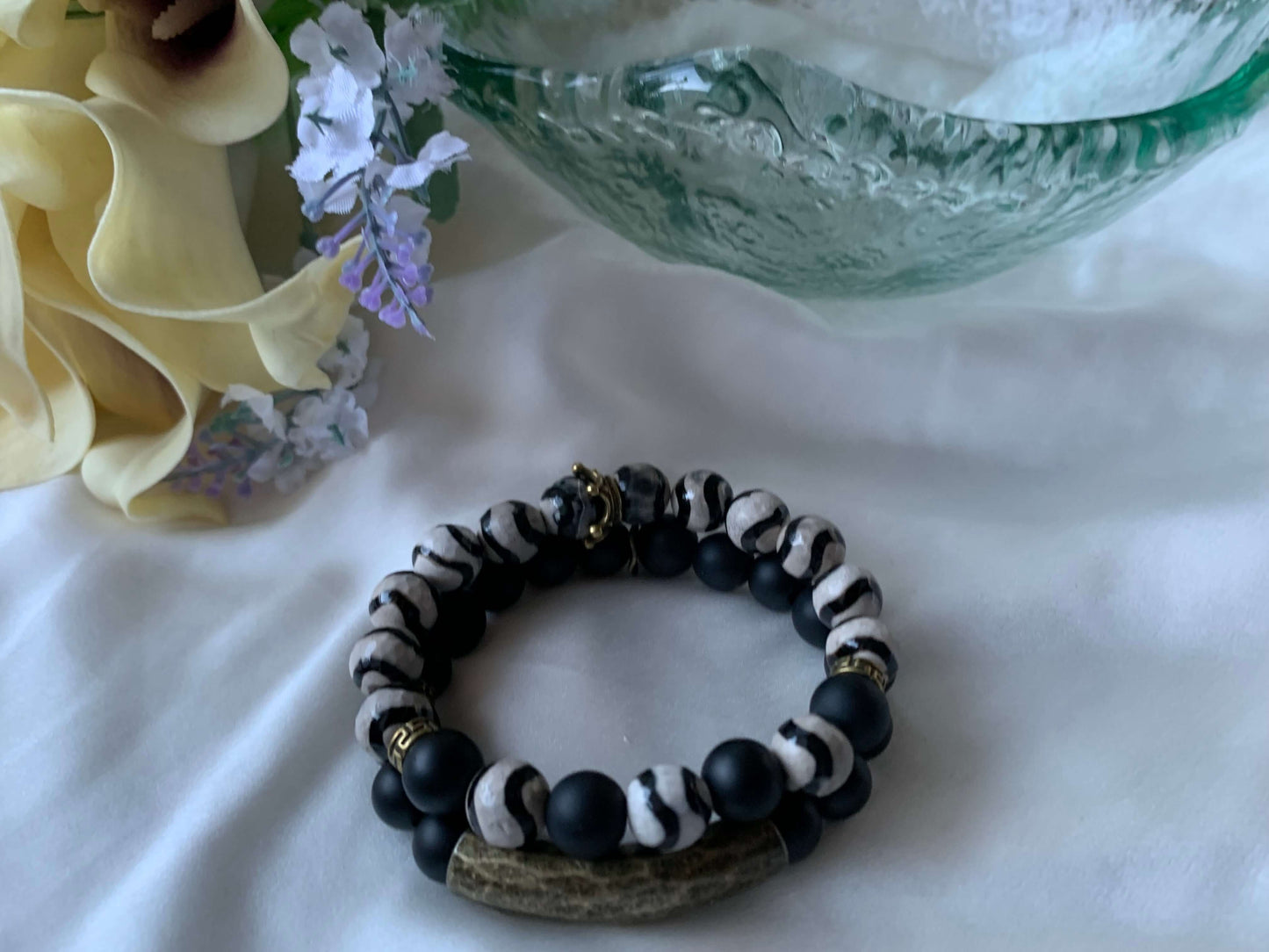 Black Spot Tibetan, Tan Agate, 10 mm Gemstone Stretch Bracelet, 2 Piece Set, Unisex, Size 7 3/4 Charmed By Riss