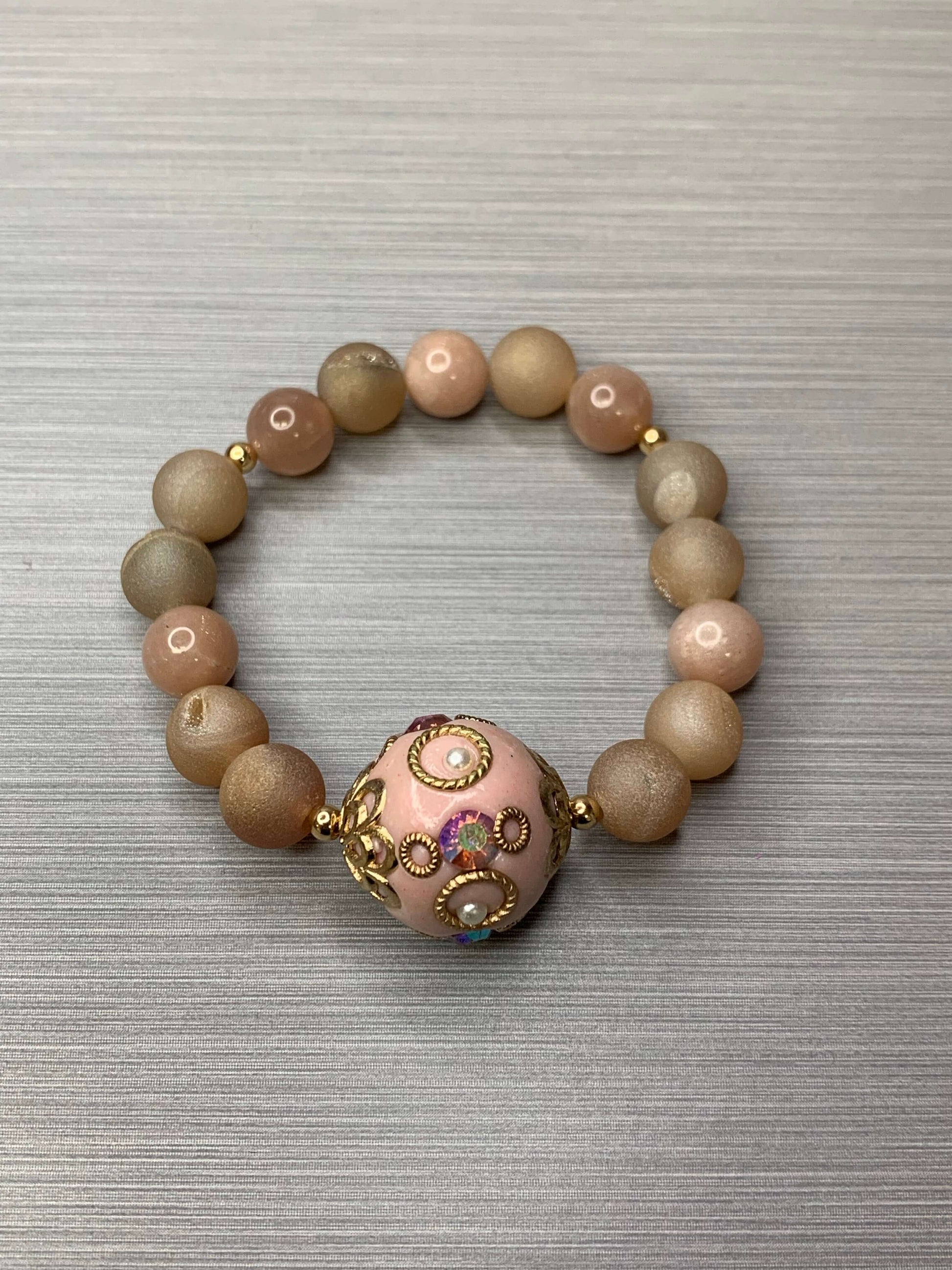 10 MM PEACH QUARTZ & PEACH DRUZY GEMSTONE BEADED STRETCH BRACELET | FOR WOMEN SIZE 7 Charmed By Riss