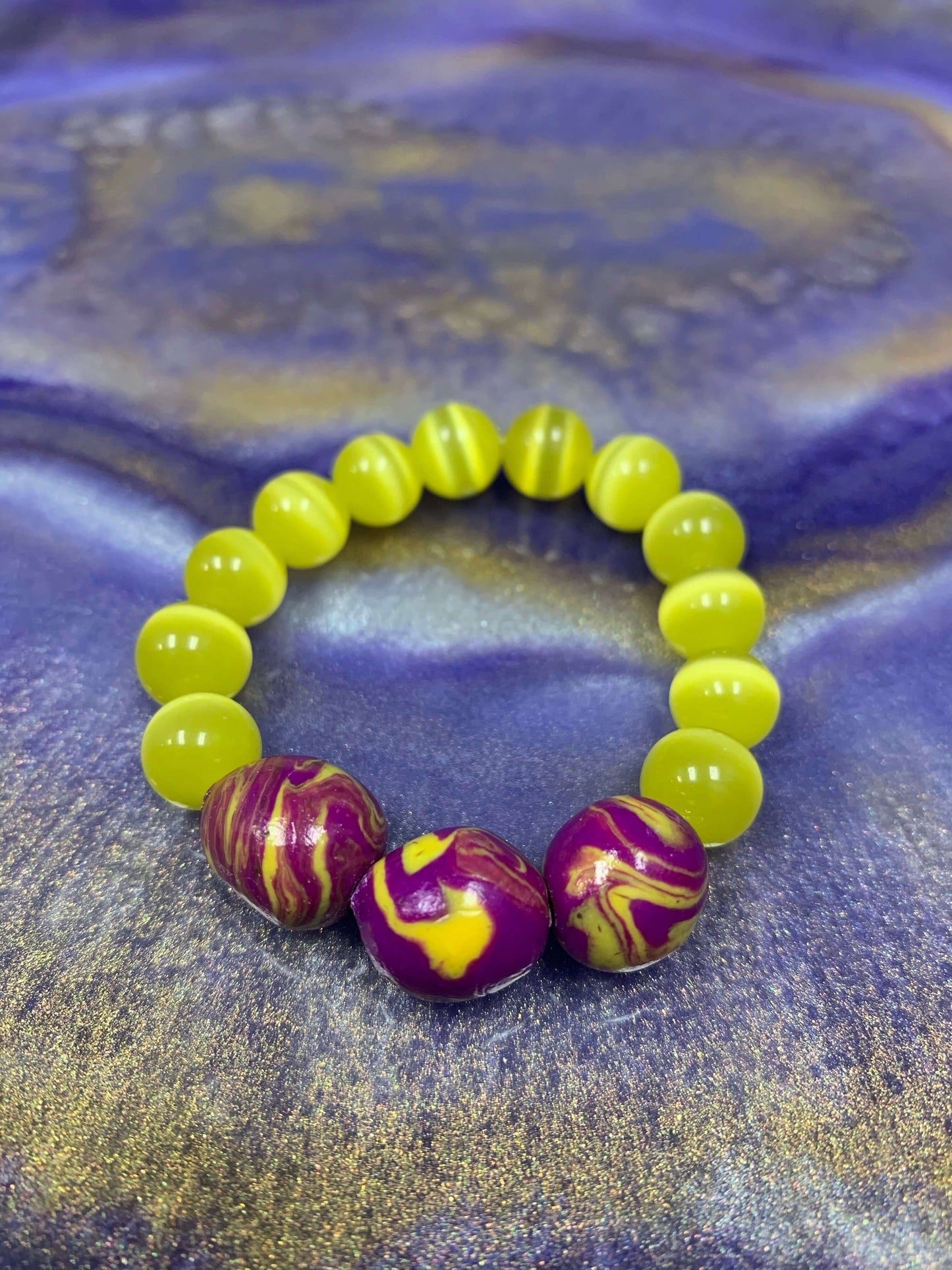 WOMEN SIZE 6 | BEADED BRACELET - 1064 YELLOW CATEYE & POLYMER CLAY Charmed By Riss Handmade Custom Jewelry & Gift Boutique