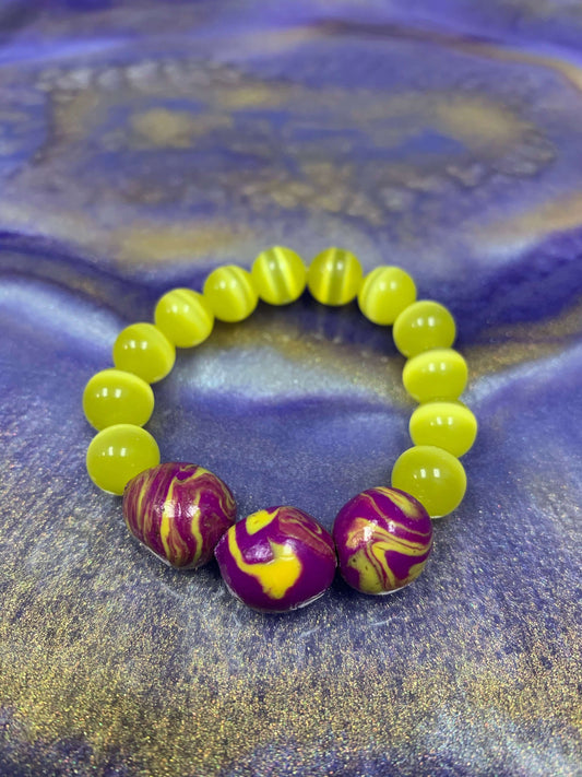 WOMEN SIZE 6 | BEADED BRACELET - 1064 YELLOW CATEYE & POLYMER CLAY Charmed By Riss Handmade Custom Jewelry & Gift Boutique