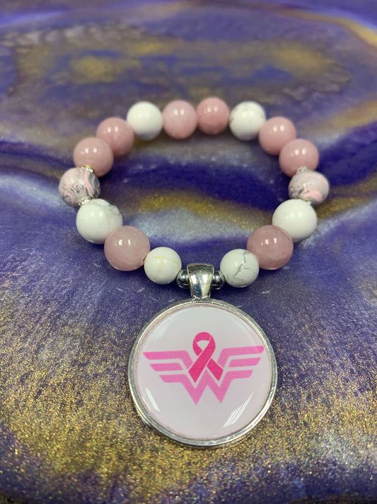 WOMEN SIZE 6 1/2 | BEADED BRACELET - BC CHARM WHITE HOWLITE PINK GEMSTONE & CLAY Charmed By Riss Handmade Custom Jewelry & Gift Boutique