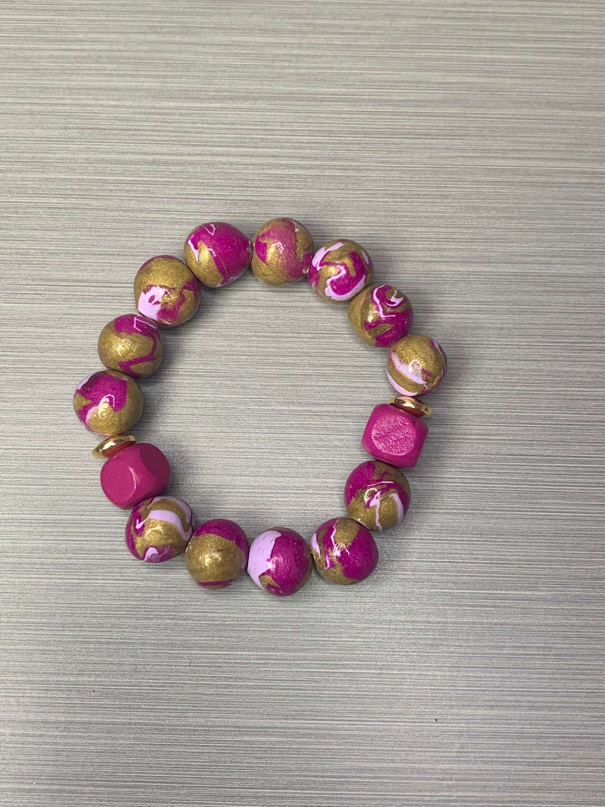 CUSTOM COLOR PINK/PURPLE/GOLD POLYMER CLAY BEADED STRETCH BRACELET | FOR WOMEN SIZE 7 Charmed By Riss Handmade Custom Jewelry & Gift Boutique