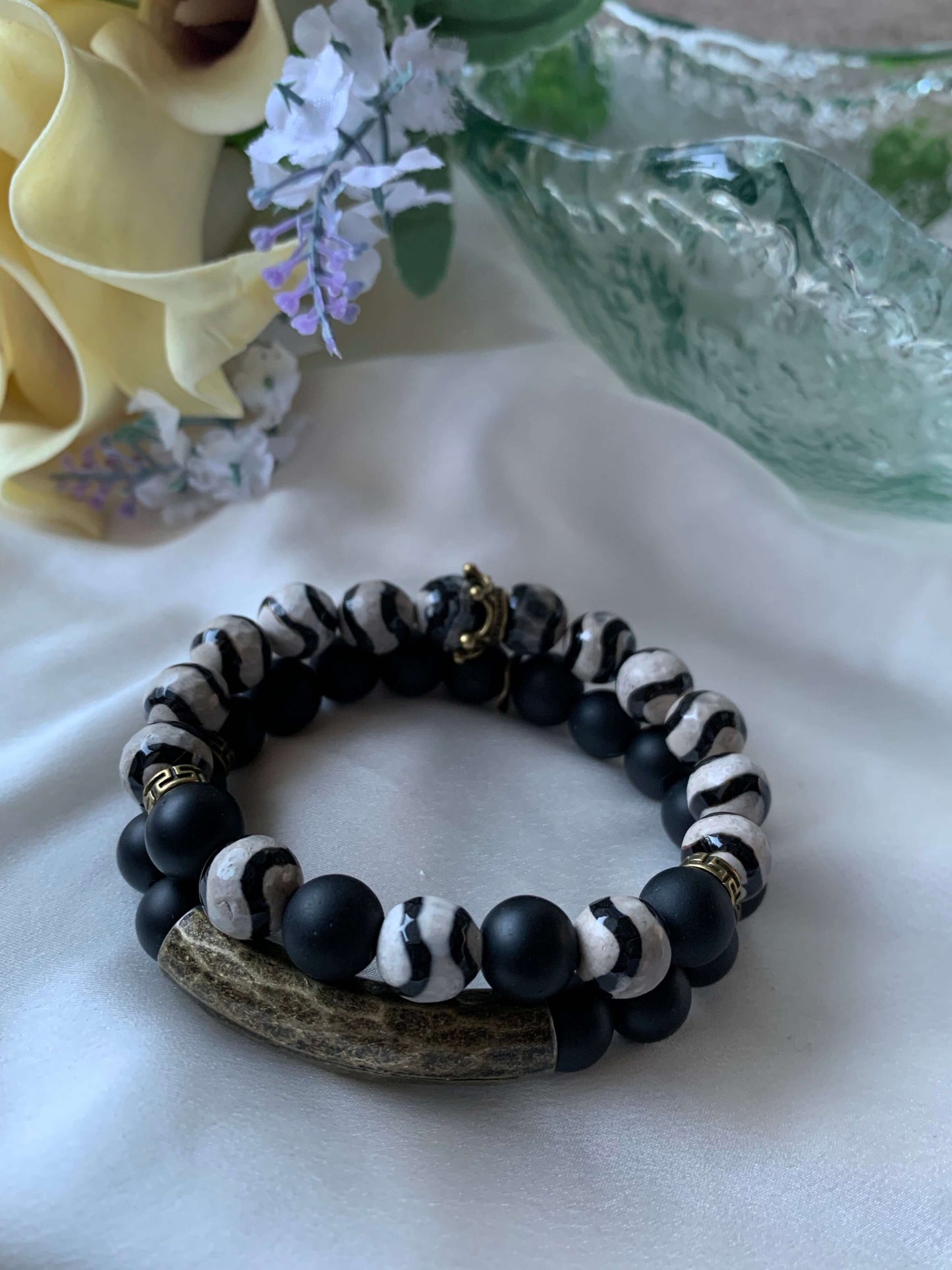 Black Spot Tibetan, Tan Agate, 10 mm Gemstone Stretch Bracelet, 2 Piece Set, Unisex, Size 7 3/4 Charmed By Riss