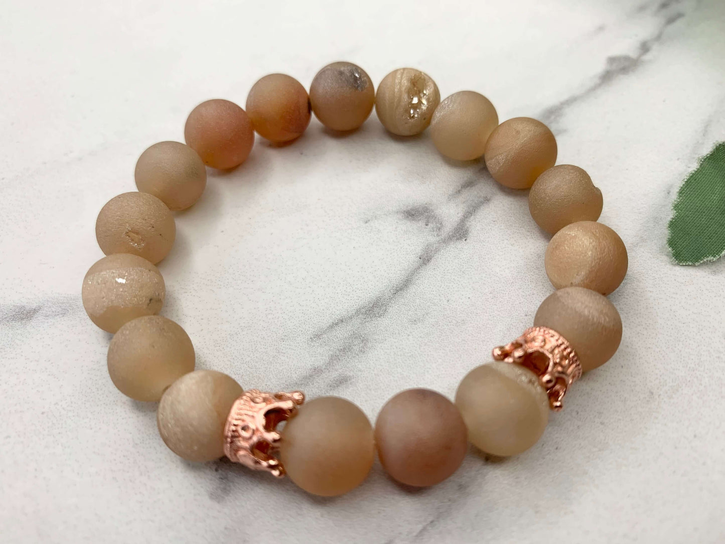 Peach Druzy & White TIbetan Agate 10 mm Gemstone Stretch Bracelet with Healing Properties, 2-Piece Set, Women Size 7 Charmed By Riss